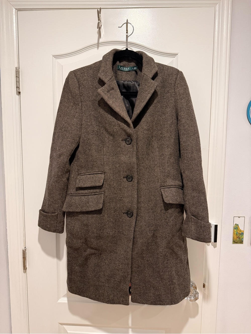Ralph Lauren Brown Herringbone Wool Pea Coat
